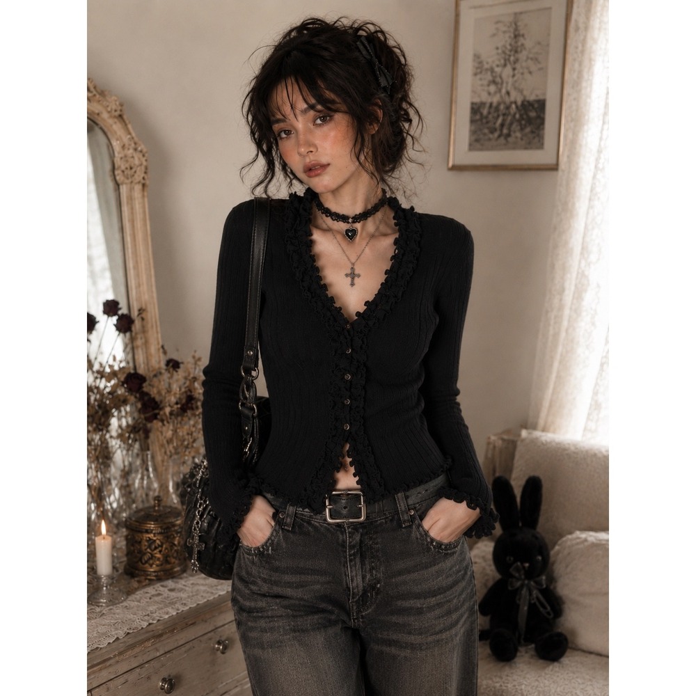 Vintage Y2K Black Ruffle 100%  Merino Wool Cardigan Soft Goth Coquette Size S